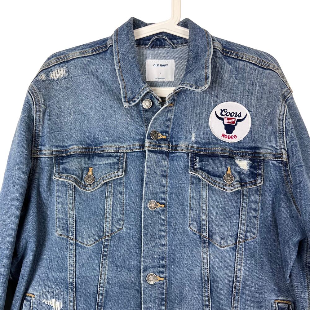 Old Navy Denim Trucker Jacket Coors Banquet Rodeo Patch Distressed L - Picture 4 of 7
